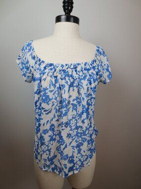 Vtg Y2KAbercrombie Blue White Floral Peasant Blouse Short Sleeve Top